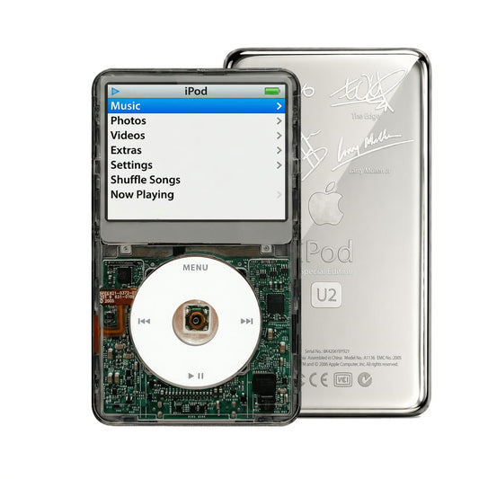 Clear Gray refurbished iPod Video 5.5 Gen with White click wheel and Silver U2 back plate