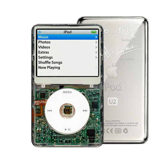 Clear refurbished iPod Video 5.5 Gen with White click wheel and Silver U2 back plate