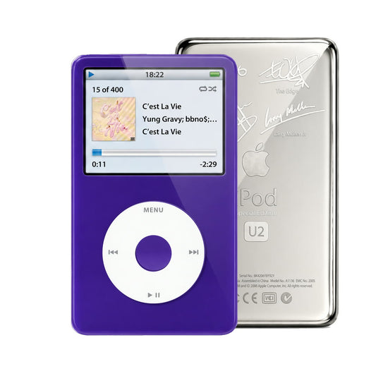 Purple refurbished iPod Video 5.5 Gen with White click wheel and Silver U2 back plate