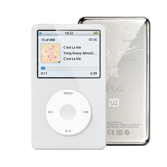 White refurbished iPod Video 5.5 Gen with White click wheel and Silver U2 back plate