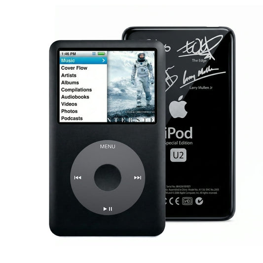 Black refurbished iPod Classic 7th Gen with Black click wheel and Black U2 back plate