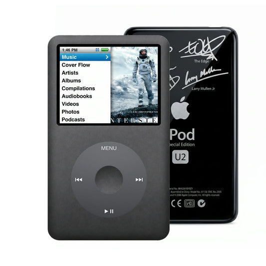 Dark Gray refurbished iPod Classic 7th Gen with Black click wheel and Black U2 back plate