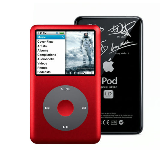 Red refurbished iPod Classic 7th Gen with Black click wheel and Black U2 back plate