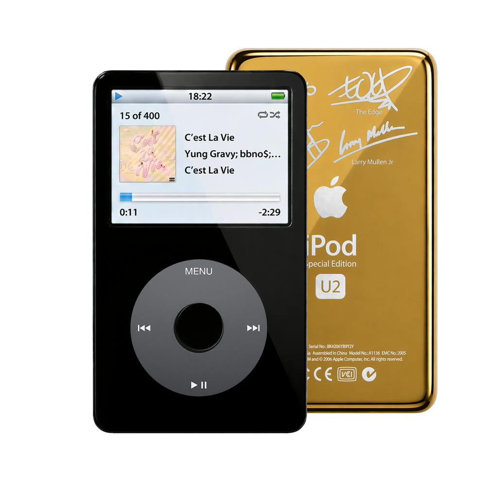 Black refurbished iPod Video 5.5 Gen with Black click wheel and Gold U2 back plate