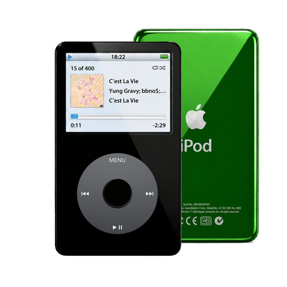 Black refurbished iPod Video 5.5 Gen with Black click wheel and Green back plate