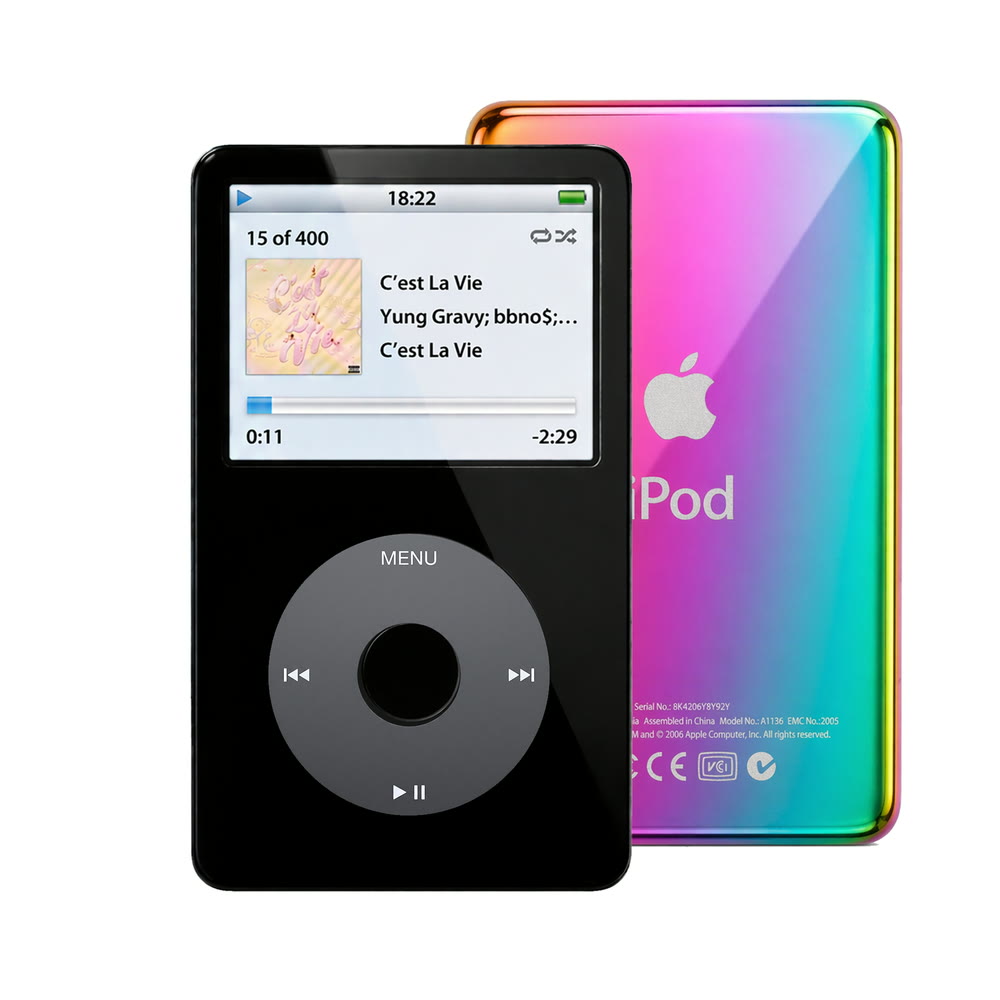 Black refurbished iPod Video 5.5 Gen with Black click wheel and Rainbow back plate