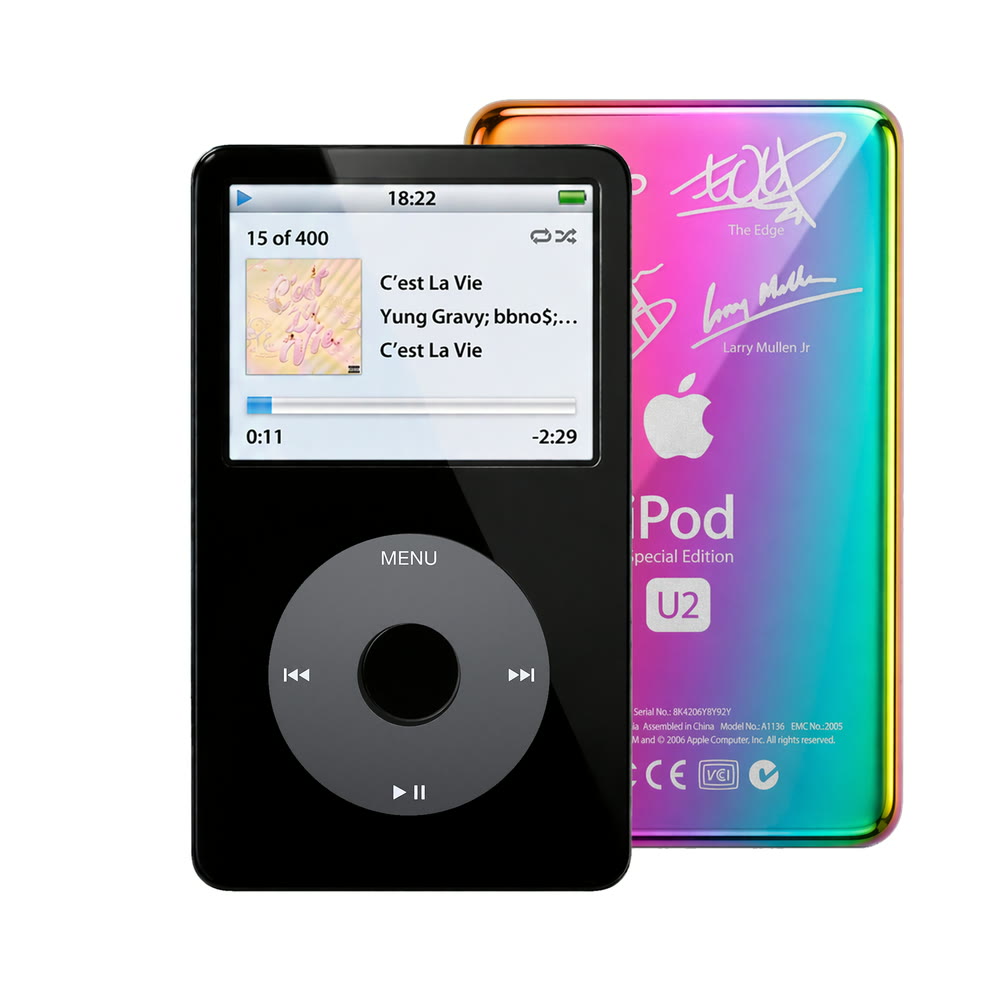 Black refurbished iPod Video 5.5 Gen with Black click wheel and Rainbow U2 back plate