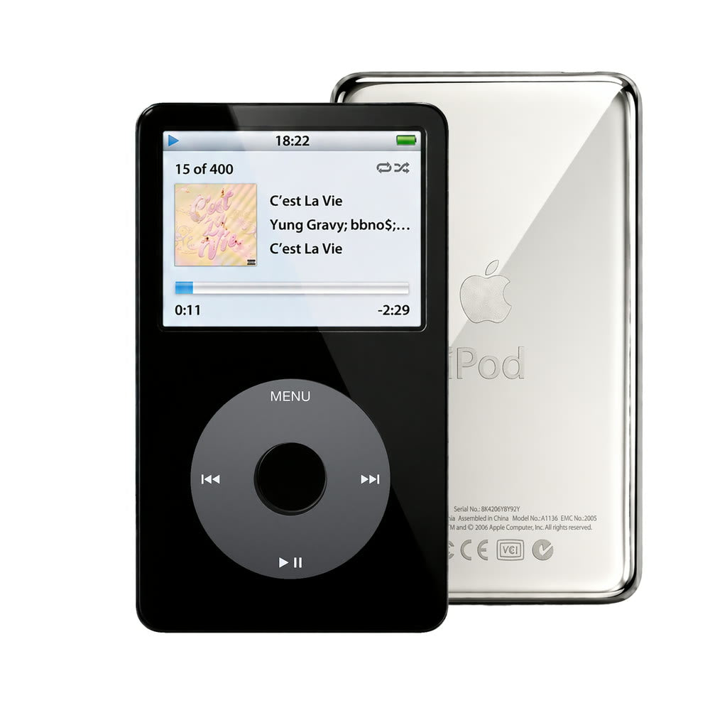 Black refurbished iPod Video 5.5 Gen with Black click wheel and Silver back plate