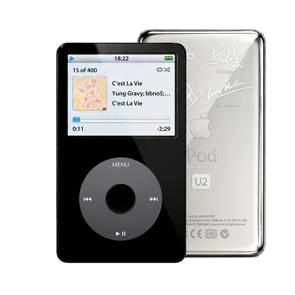 Black refurbished iPod Video 5.5 Gen with Black click wheel and Silver U2 back plate