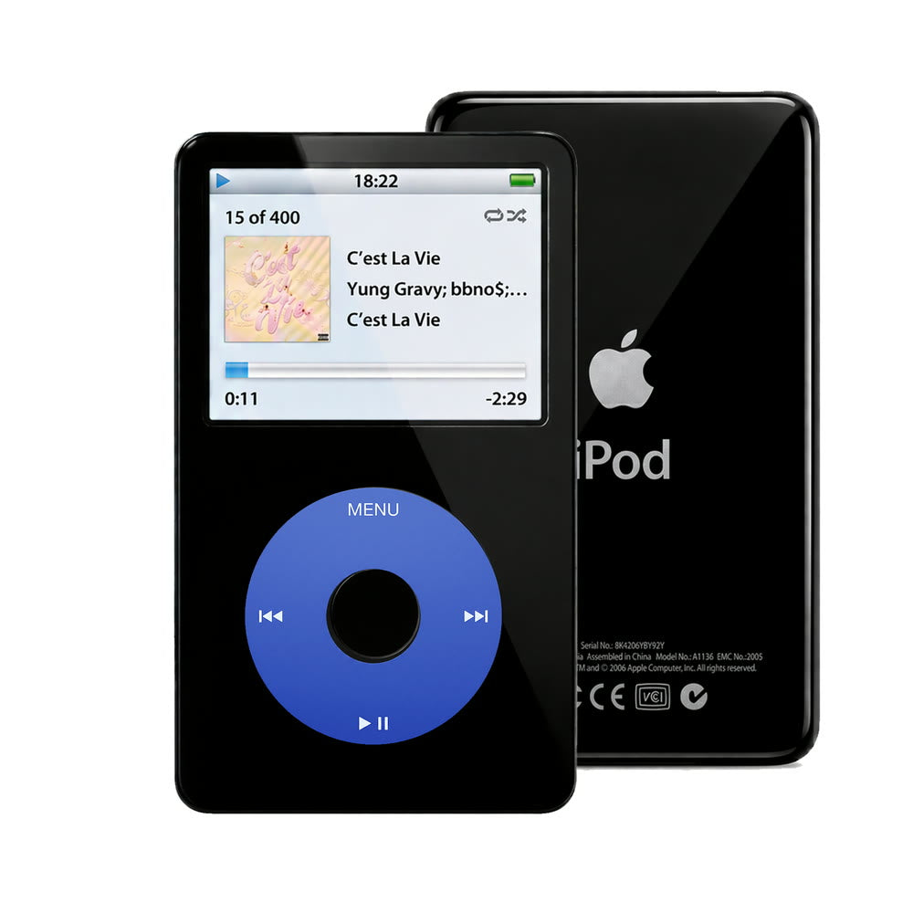 Black refurbished iPod Video 5.5 Gen with Blue click wheel and Black back plate