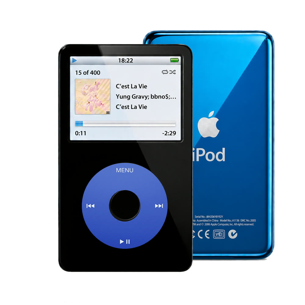 Black refurbished iPod Video 5.5 Gen with Blue click wheel and Blue back plate