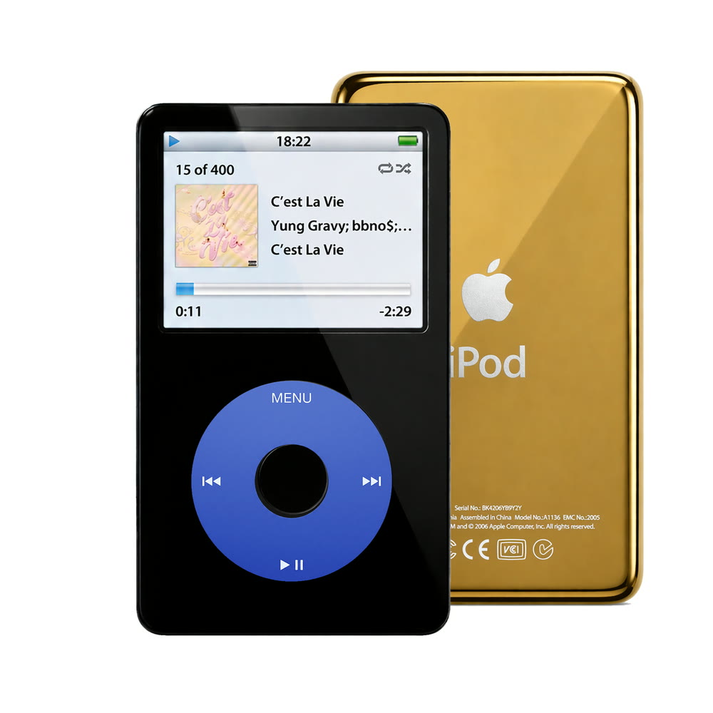 Black refurbished iPod Video 5.5 Gen with Blue click wheel and Gold back plate