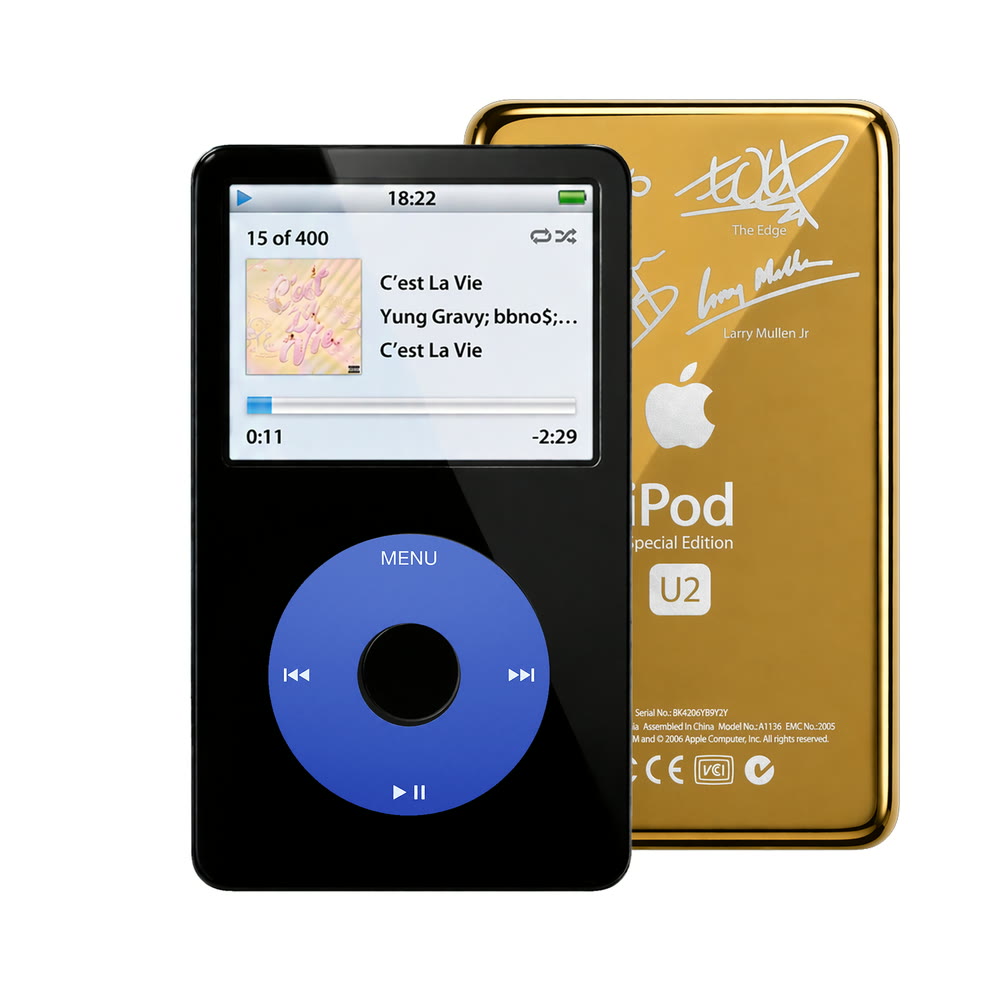 Black refurbished iPod Video 5.5 Gen with Blue click wheel and Gold U2 back plate
