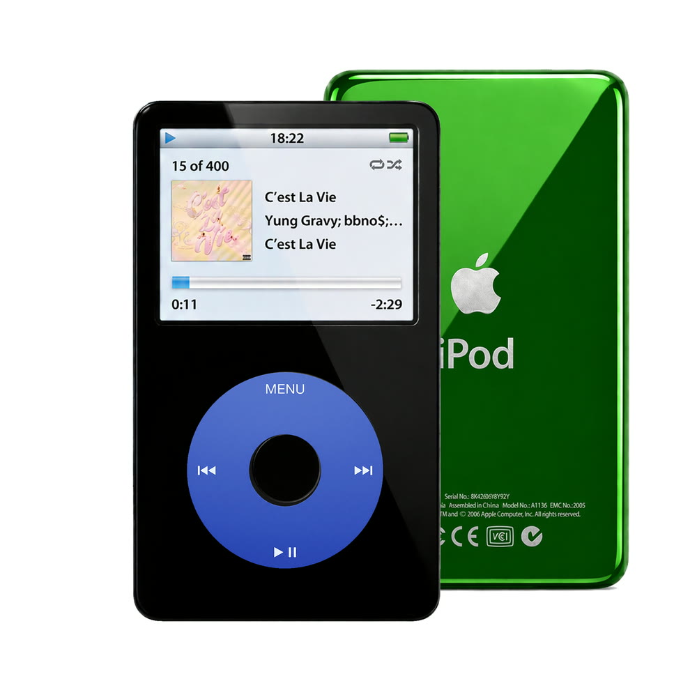 Black refurbished iPod Video 5.5 Gen with Blue click wheel and Green back plate