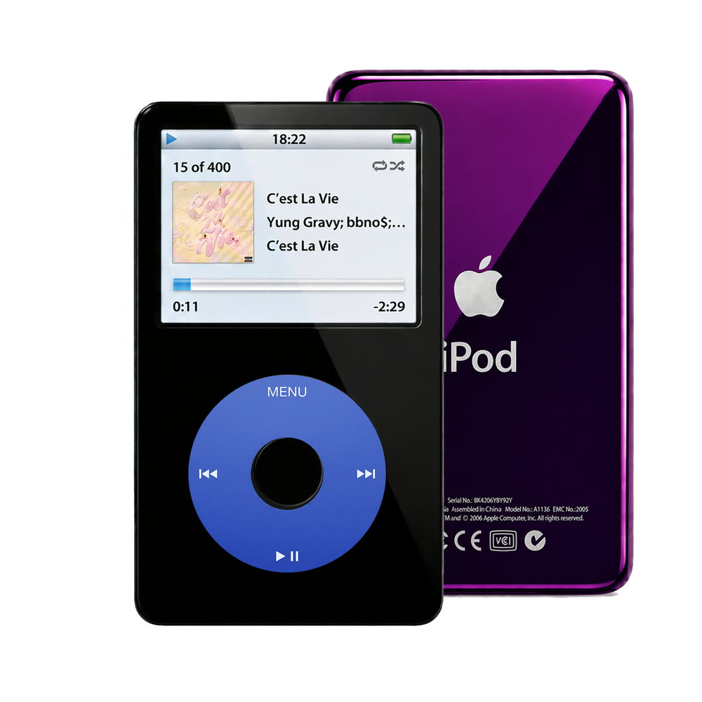 Black refurbished iPod Video 5.5 Gen with Blue click wheel and Purple back plate