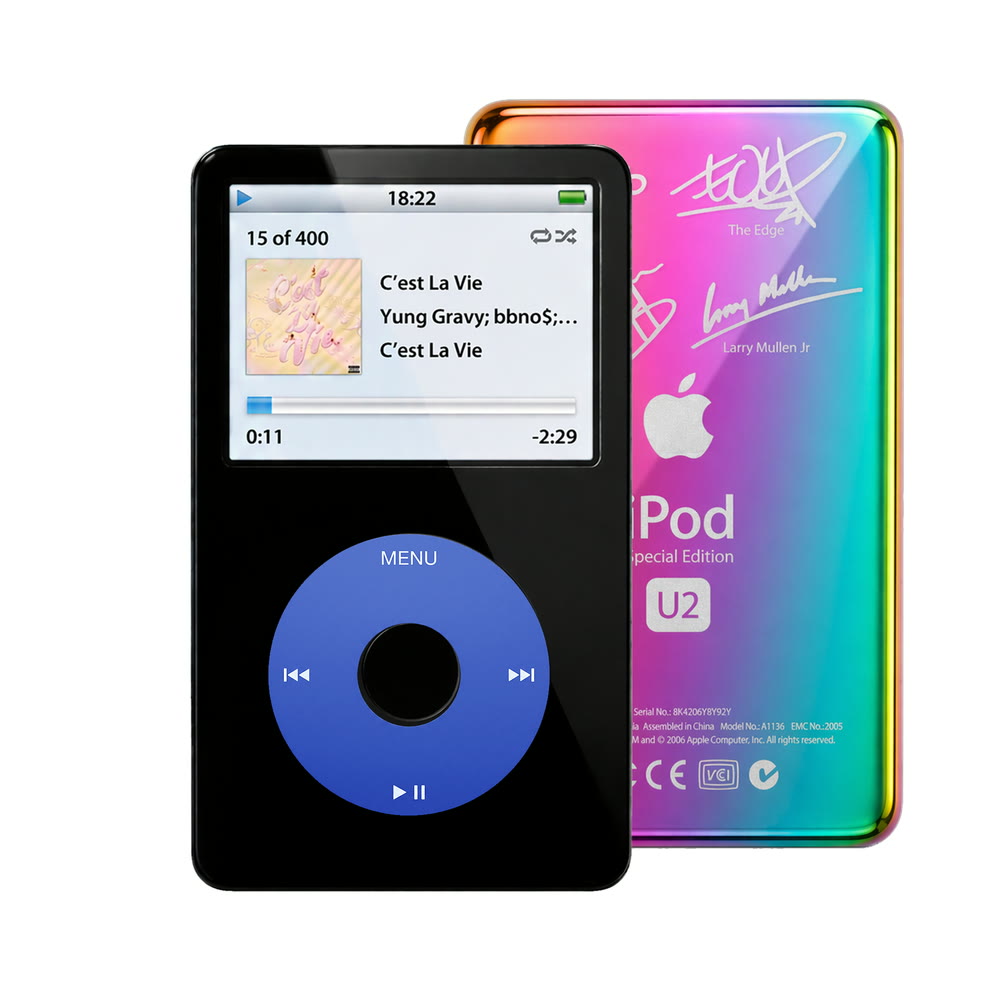 Black refurbished iPod Video 5.5 Gen with Blue click wheel and Rainbow U2 back plate