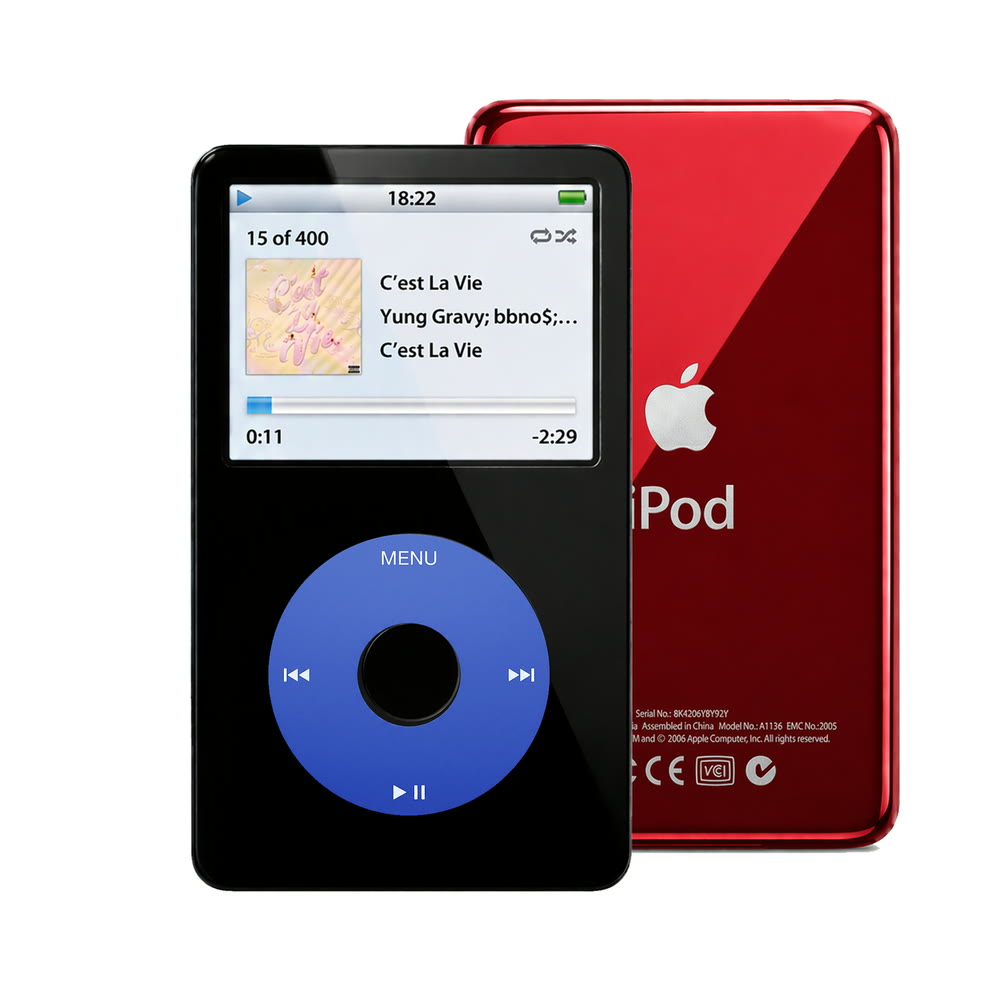 Black refurbished iPod Video 5.5 Gen with Blue click wheel and Red back plate