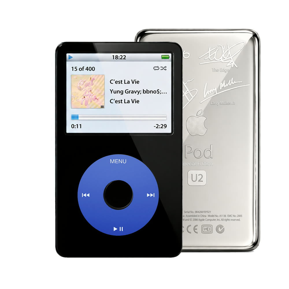 Black refurbished iPod Video 5.5 Gen with Blue click wheel and Silver U2 back plate