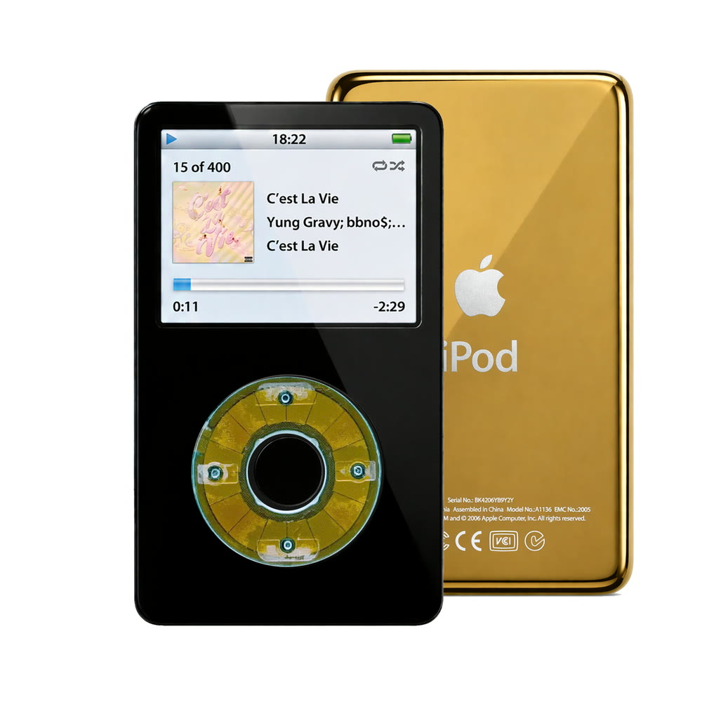 Black refurbished iPod Video 5.5 Gen with Clear Blue click wheel and Gold back plate