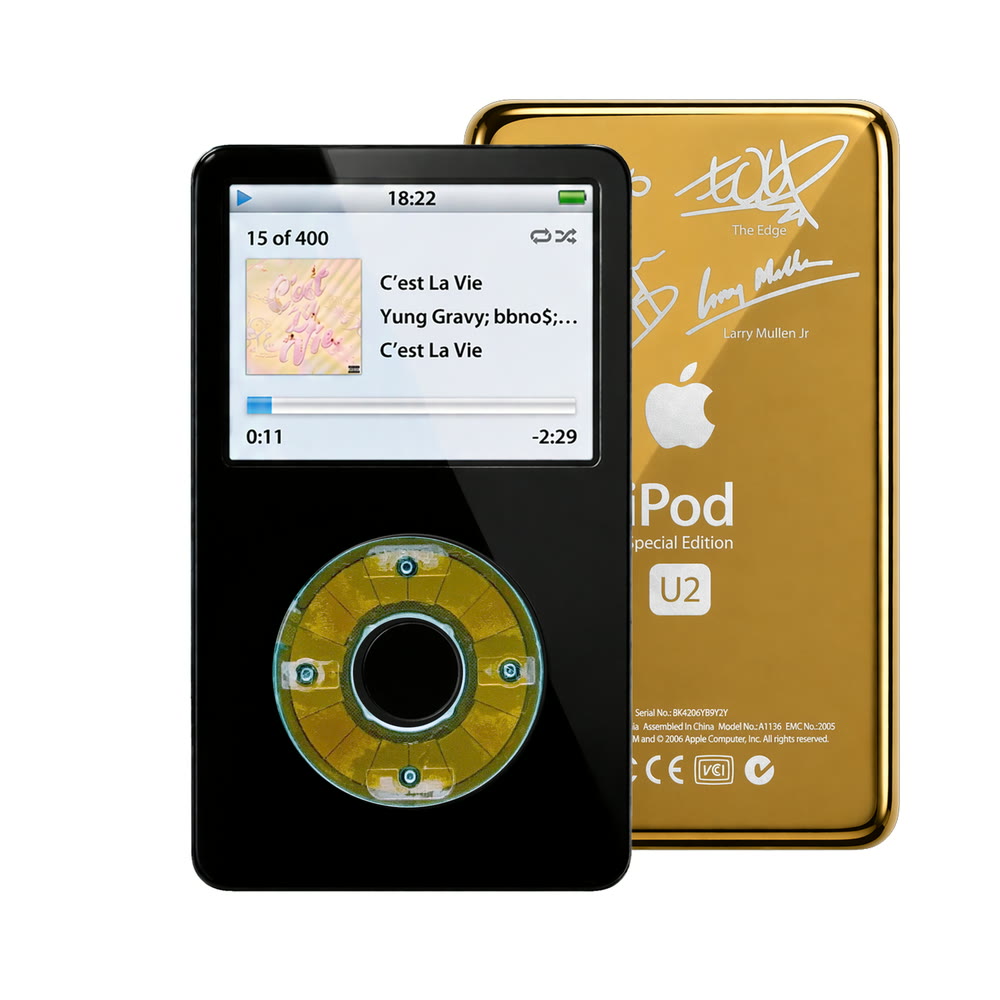 Black refurbished iPod Video 5.5 Gen with Clear Blue click wheel and Gold U2 back plate