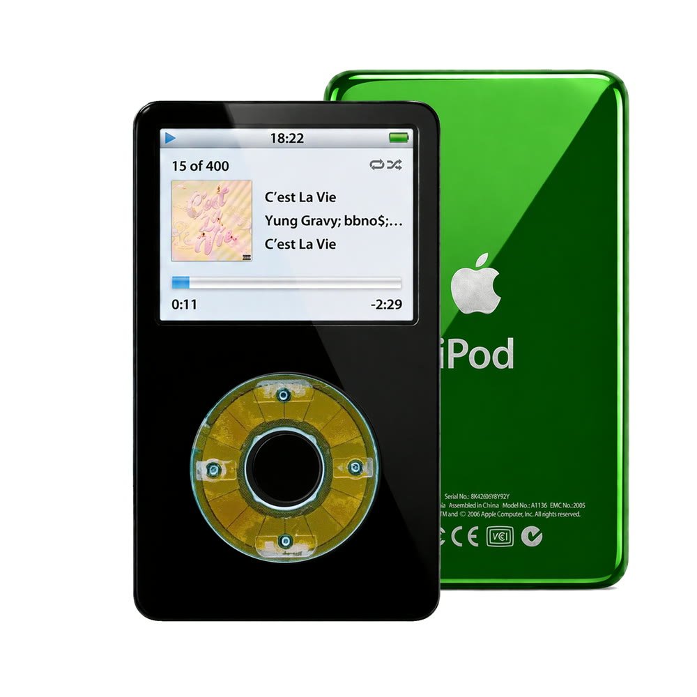 Black refurbished iPod Video 5.5 Gen with Clear Blue click wheel and Green back plate
