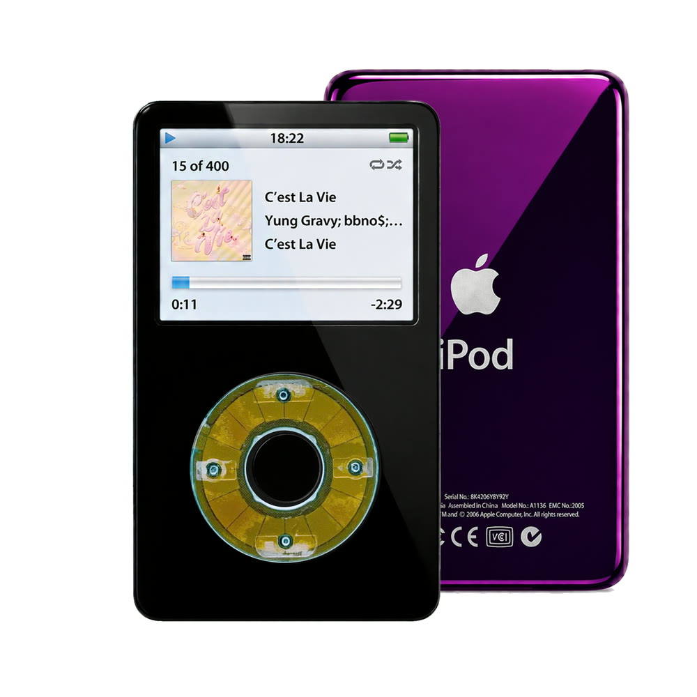 Black refurbished iPod Video 5.5 Gen with Clear Blue click wheel and Purple back plate