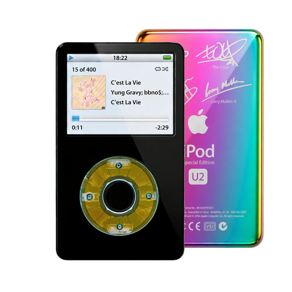 Black refurbished iPod Video 5.5 Gen with Clear Blue click wheel and Rainbow U2 back plate