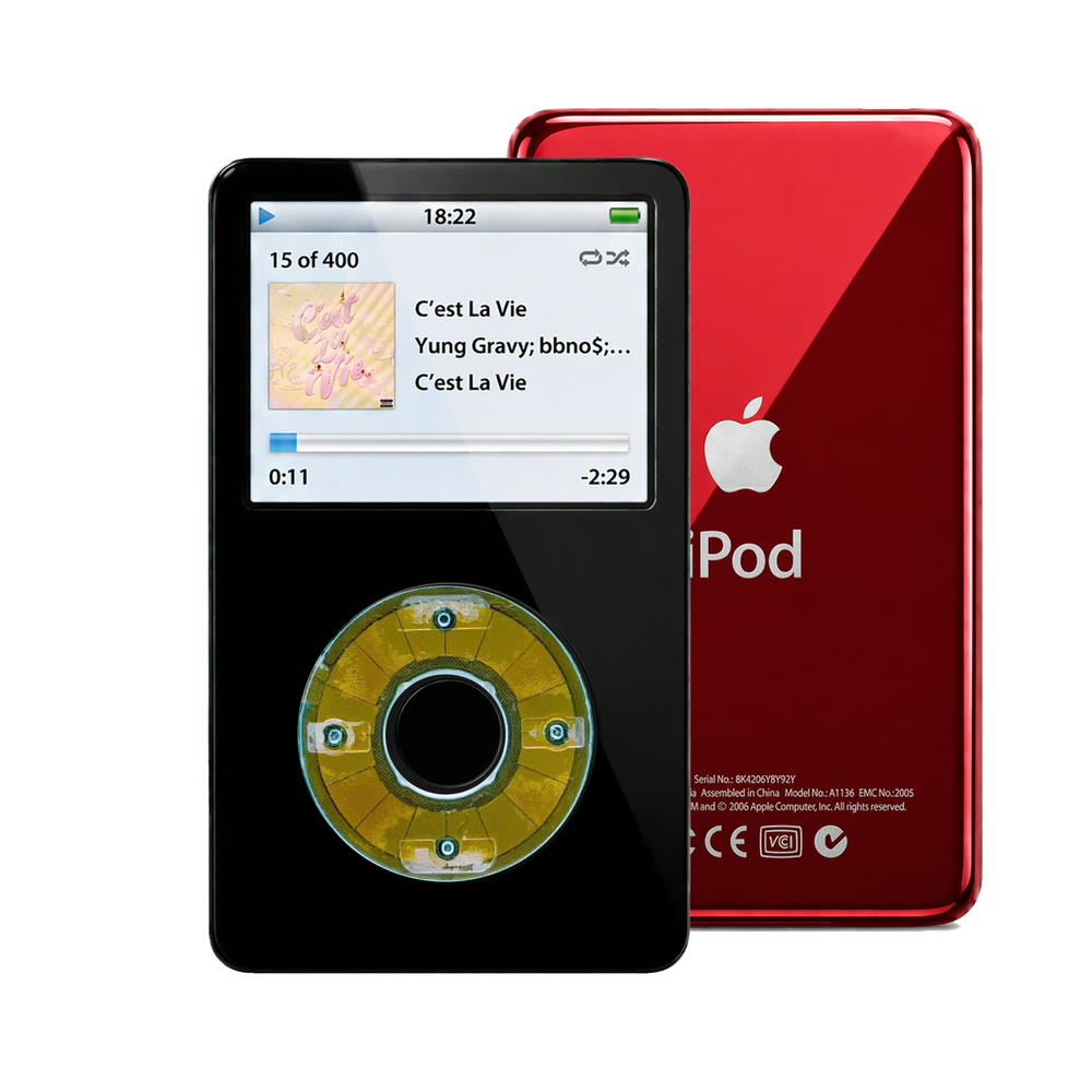 Black refurbished iPod Video 5.5 Gen with Clear Blue click wheel and Red back plate