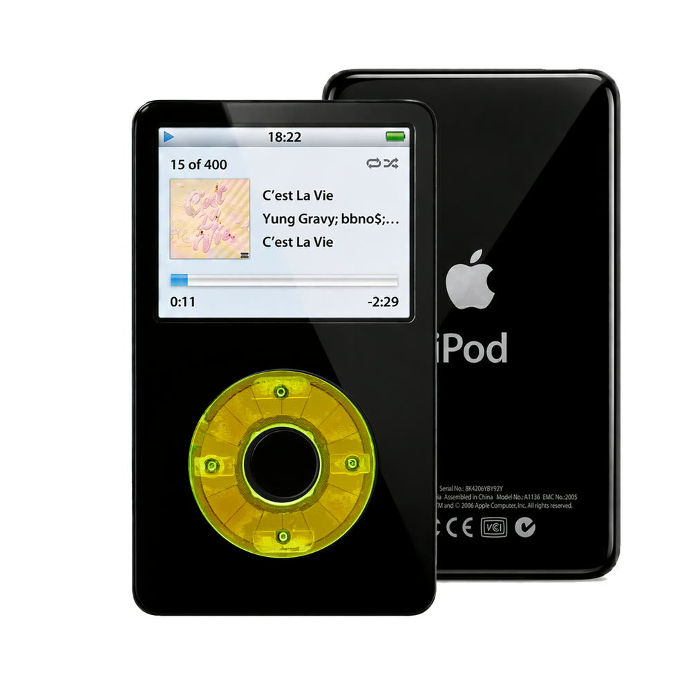 Black refurbished iPod Video 5.5 Gen with Clear Green click wheel and Black back plate
