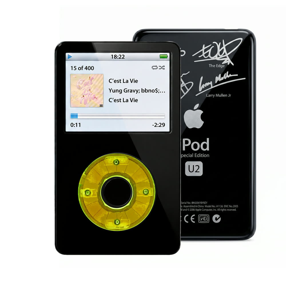Black refurbished iPod Video 5.5 Gen with Clear Green click wheel and Black U2 back plate
