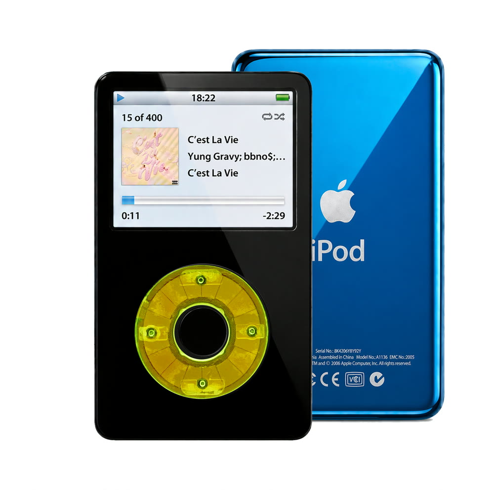 Black refurbished iPod Video 5.5 Gen with Clear Green click wheel and Blue back plate