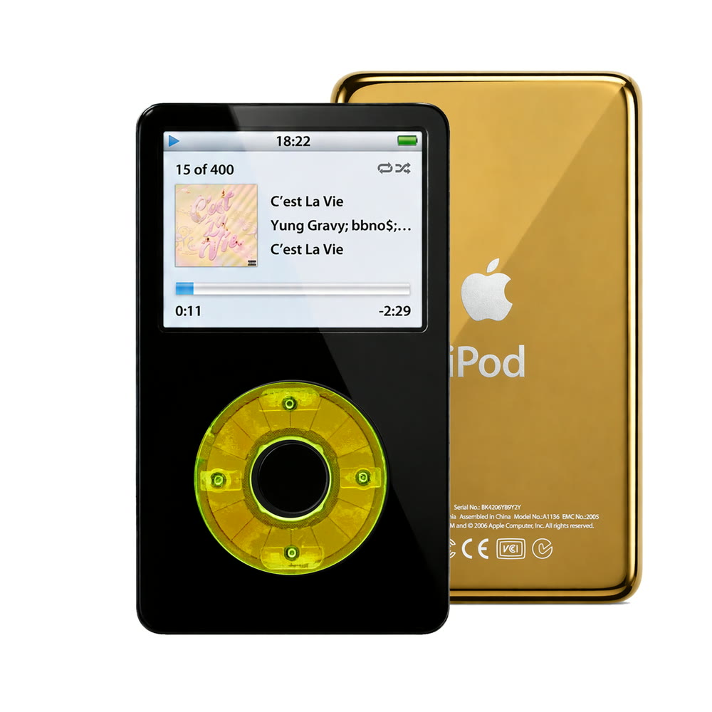 Black refurbished iPod Video 5.5 Gen with Clear Green click wheel and Gold back plate
