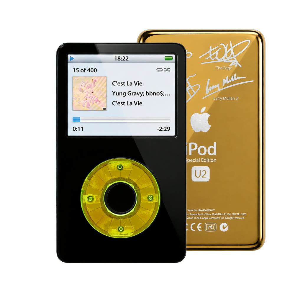 Black refurbished iPod Video 5.5 Gen with Clear Green click wheel and Gold U2 back plate