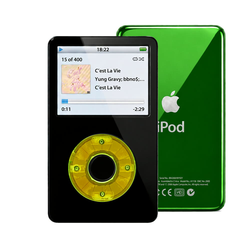 Black refurbished iPod Video 5.5 Gen with Clear Green click wheel and Green back plate