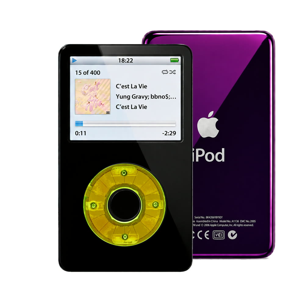 Black refurbished iPod Video 5.5 Gen with Clear Green click wheel and Purple back plate