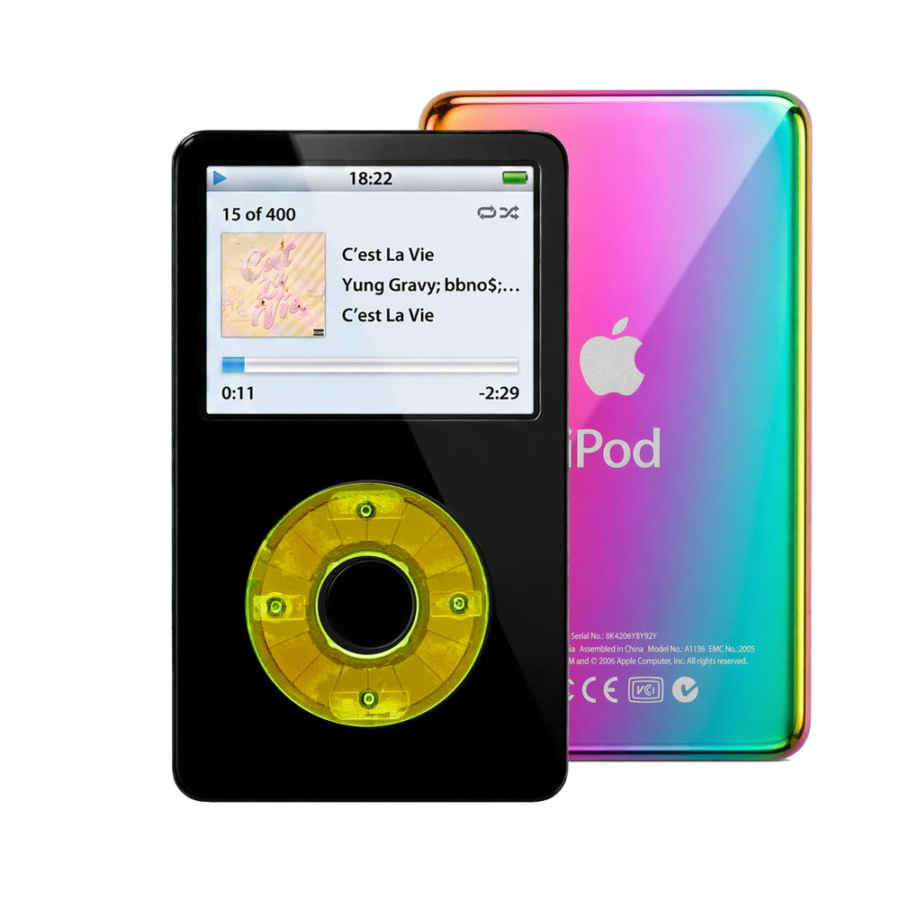 Black refurbished iPod Video 5.5 Gen with Clear Green click wheel and Rainbow back plate