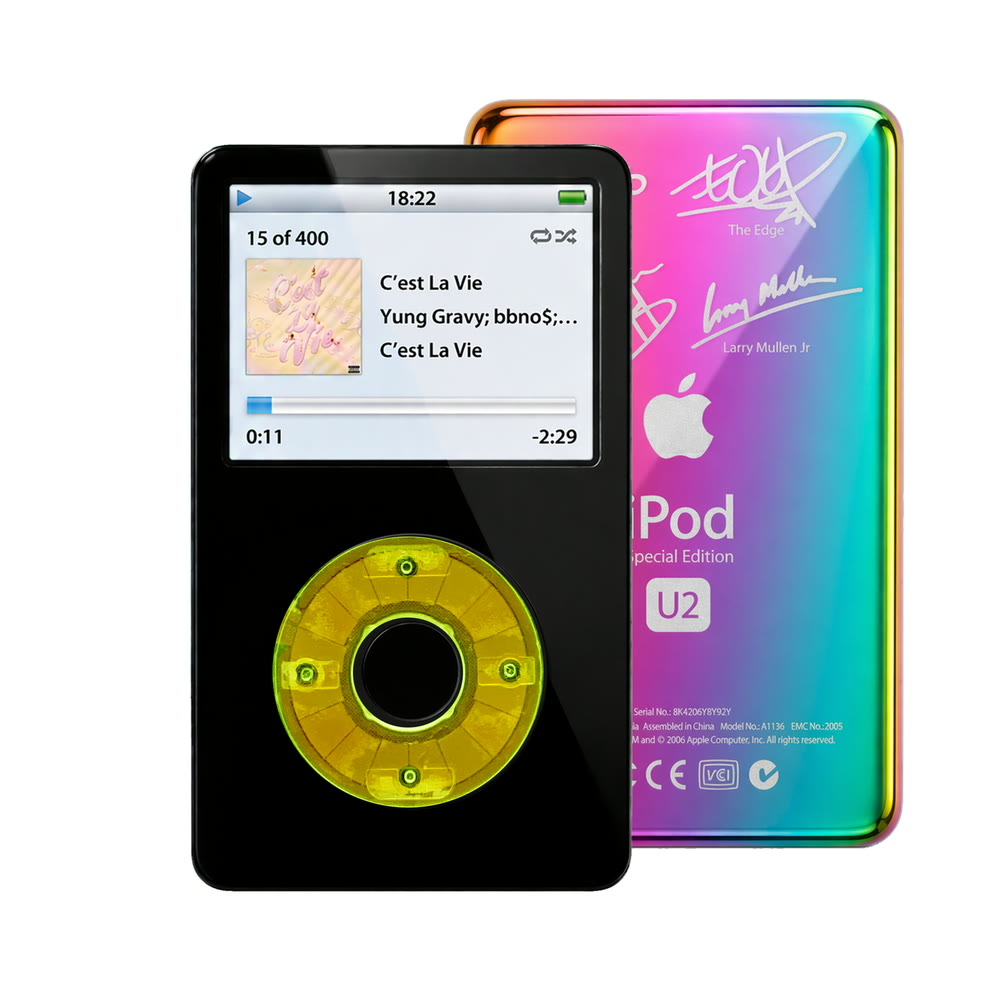 Black refurbished iPod Video 5.5 Gen with Clear Green click wheel and Rainbow U2 back plate