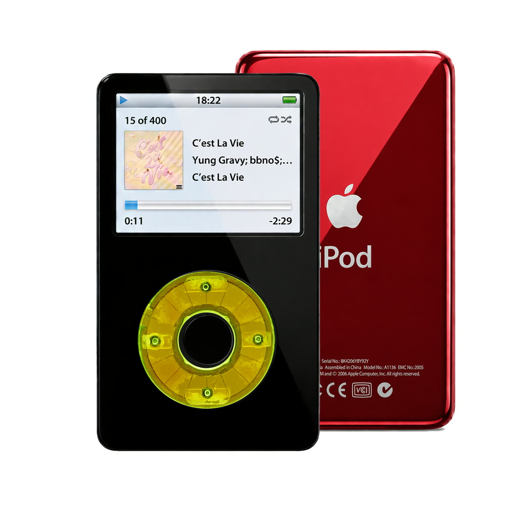 Black refurbished iPod Video 5.5 Gen with Clear Green click wheel and Red back plate