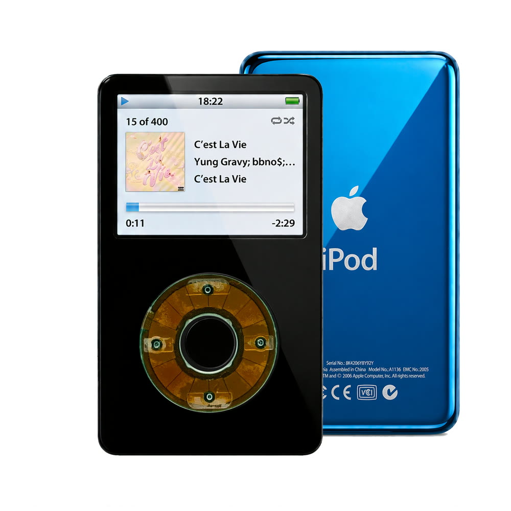 Black refurbished iPod Video 5.5 Gen with Clear Gray click wheel and Blue back plate