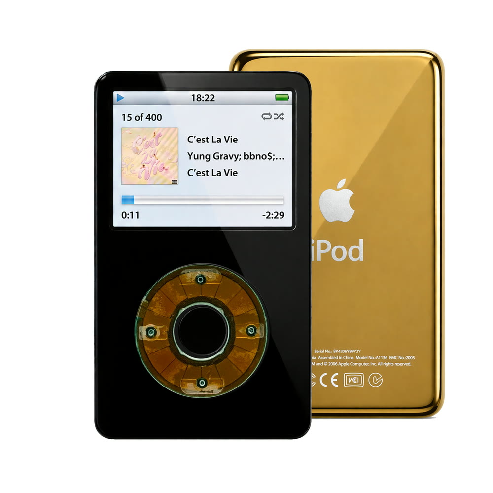 Black refurbished iPod Video 5.5 Gen with Clear Gray click wheel and Gold back plate