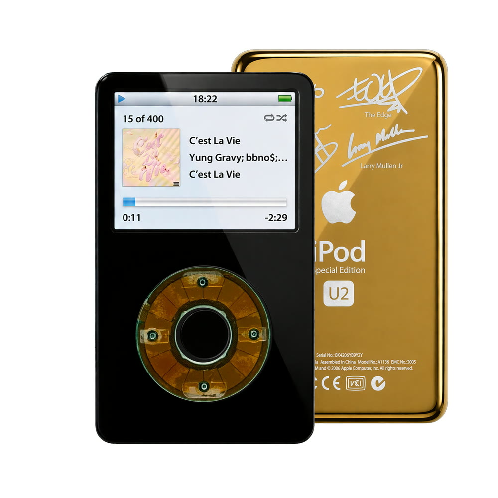 Black refurbished iPod Video 5.5 Gen with Clear Gray click wheel and Gold U2 back plate