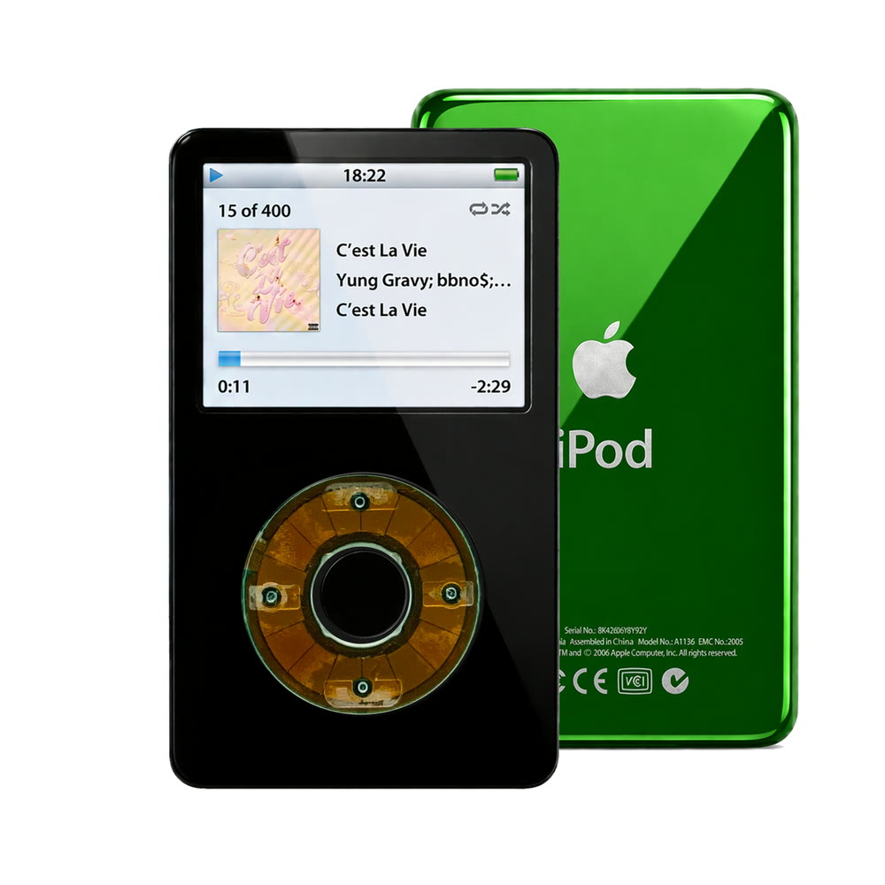 Black refurbished iPod Video 5.5 Gen with Clear Gray click wheel and Green back plate