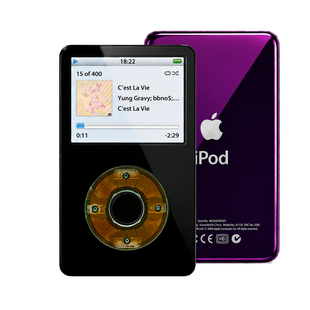 Black refurbished iPod Video 5.5 Gen with Clear Gray click wheel and Purple back plate