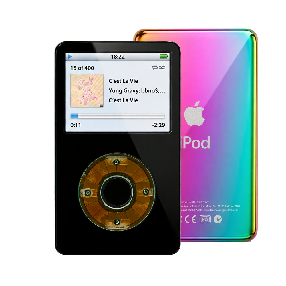 Black refurbished iPod Video 5.5 Gen with Clear Gray click wheel and Rainbow back plate