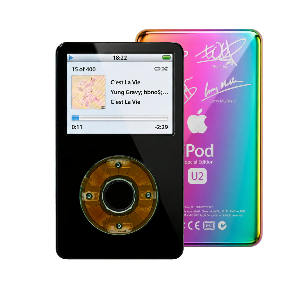Black refurbished iPod Video 5.5 Gen with Clear Gray click wheel and Rainbow U2 back plate