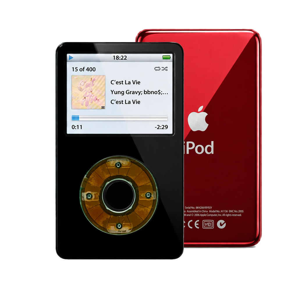Black refurbished iPod Video 5.5 Gen with Clear Gray click wheel and Red back plate