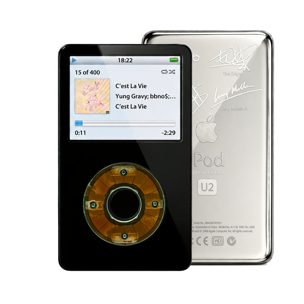 Black refurbished iPod Video 5.5 Gen with Clear Gray click wheel and Silver U2 back plate