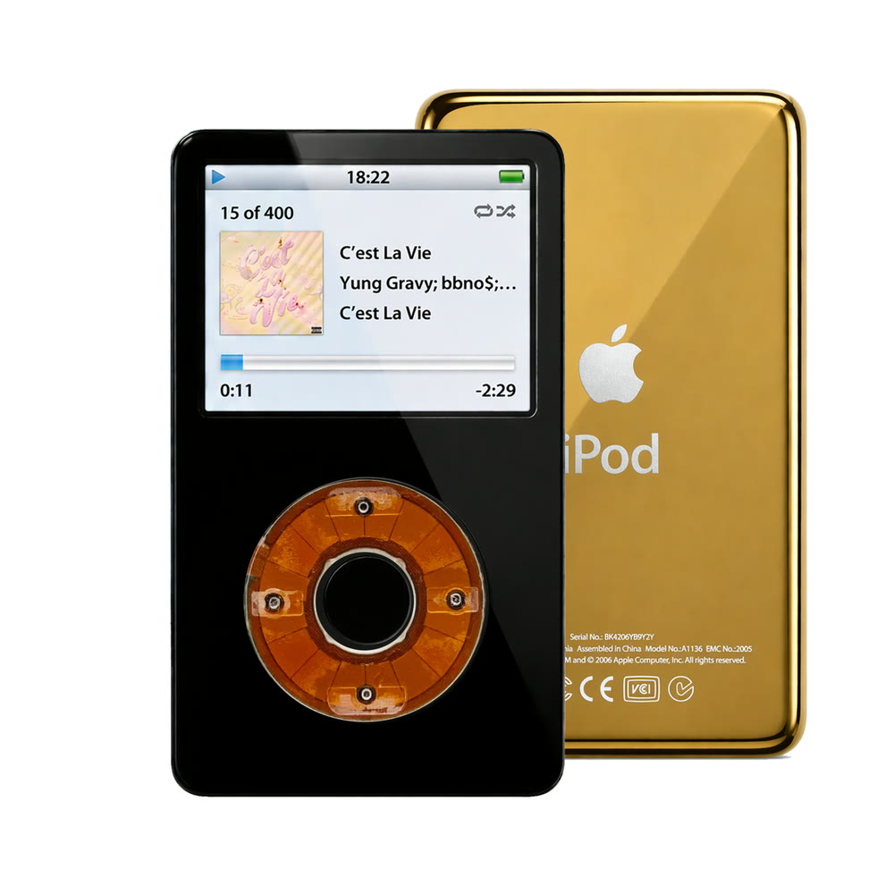 Black refurbished iPod Video 5.5 Gen with Clear click wheel and Gold back plate