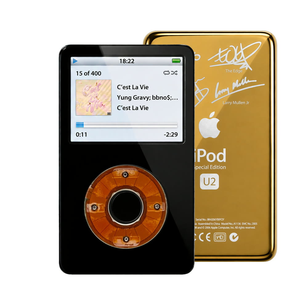 Black refurbished iPod Video 5.5 Gen with Clear click wheel and Gold U2 back plate