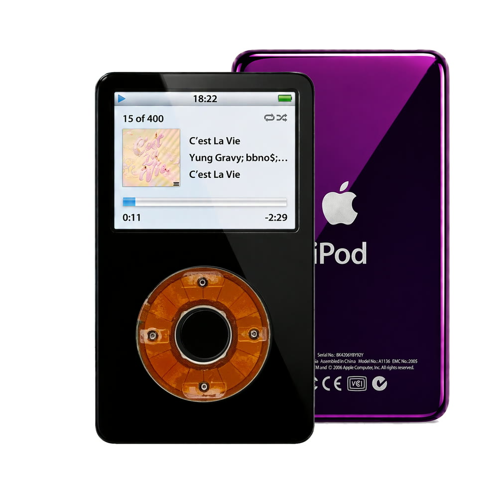 Black refurbished iPod Video 5.5 Gen with Clear click wheel and Purple back plate